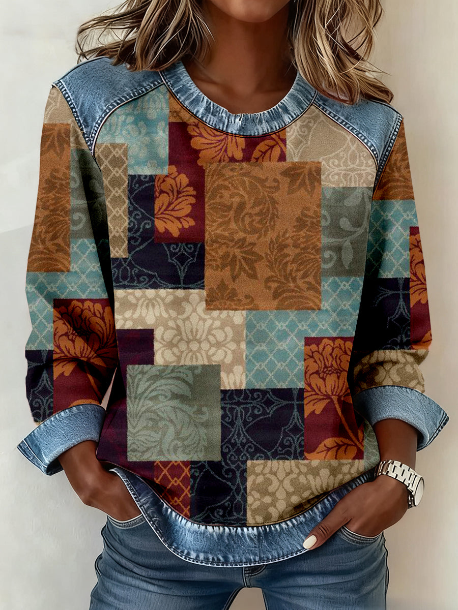 Women's Vintage Floral Pattern Patchwork Art Sweatshirt