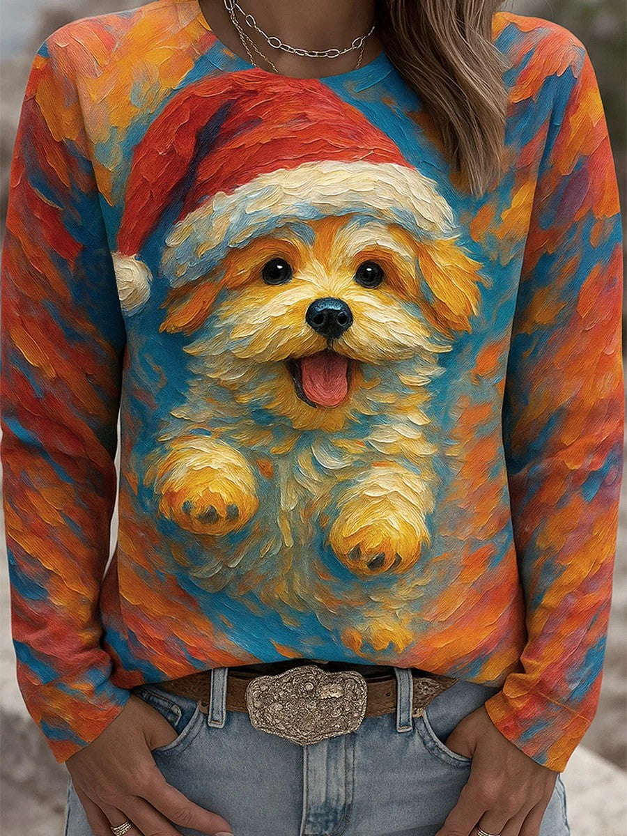 Women's Vintage Christmas Dog Printed Long Sleeve T-shirt