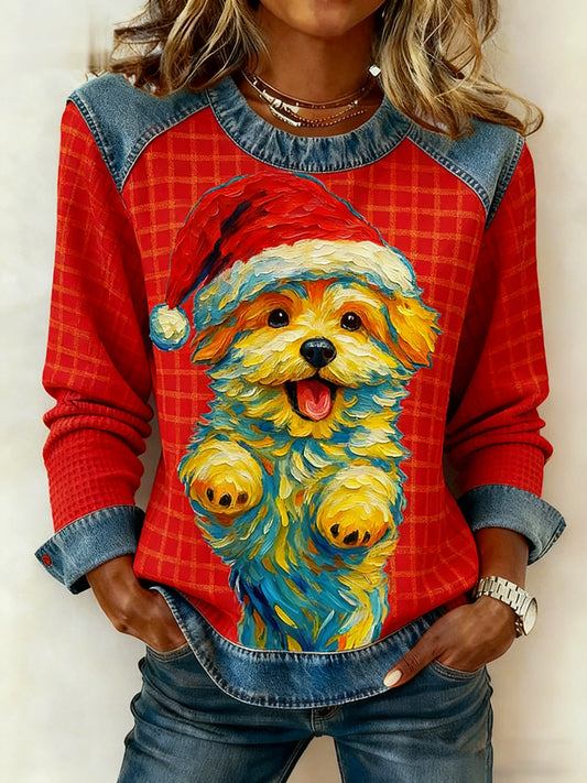 Women's Vintage Christmas Dog Denim Patchwork Sweatshirt