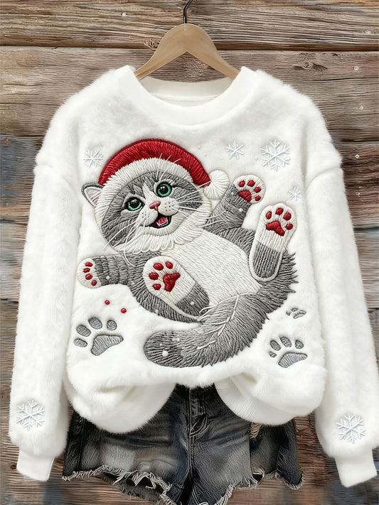 Women's Cute Christmas Cat Art Print Casual Flannel Sweatshirt
