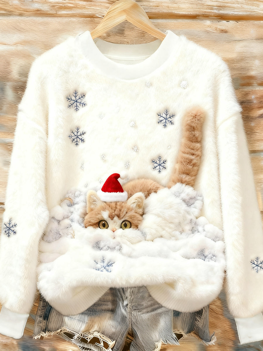 Women's Cute Christmas Cat Art Print Casual Flannel Sweatshirt
