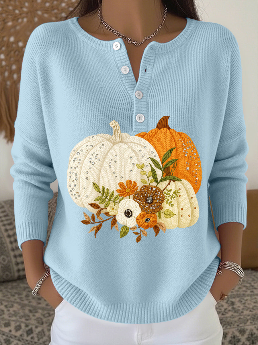 Women's Thanksgiving Pumpkin Floral Pattern Cozy Knit Sweater