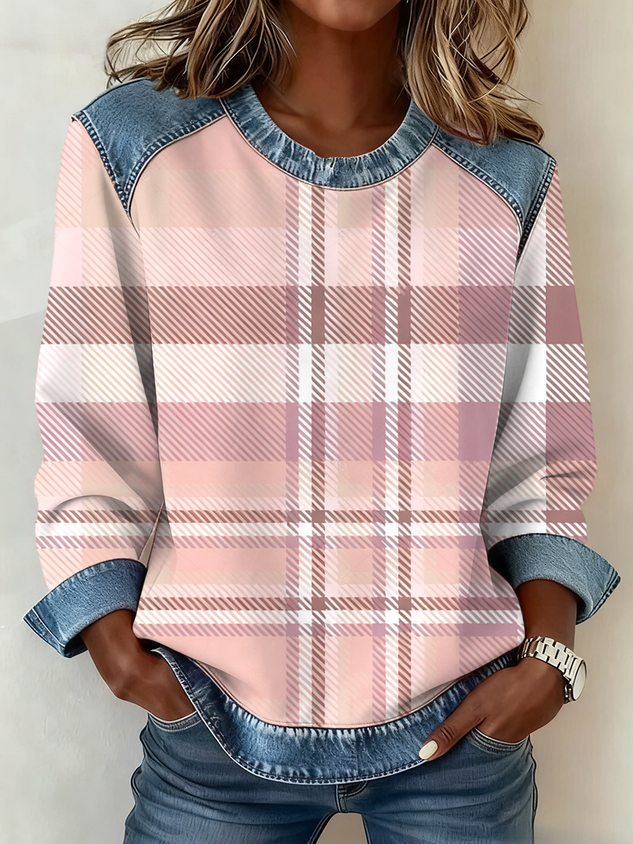 Women's Pink plaid print Denim patchwork Sweatshirt