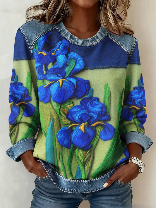 Women's Fleur-de-lis Floral 3D Print Denim Sweatshirt