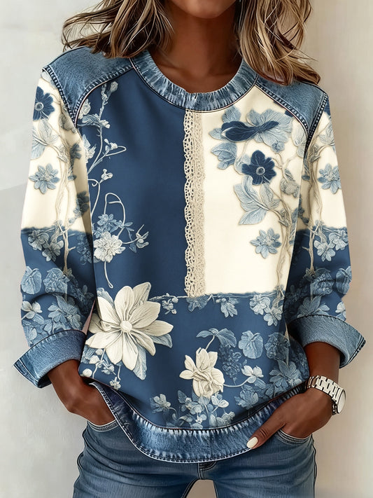 Women's Floral 3D Print Denim Sweatshirt