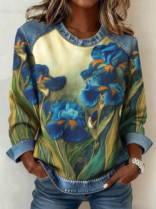 Women's Fleur-de-lis Floral 3D Print Denim Sweatshirt