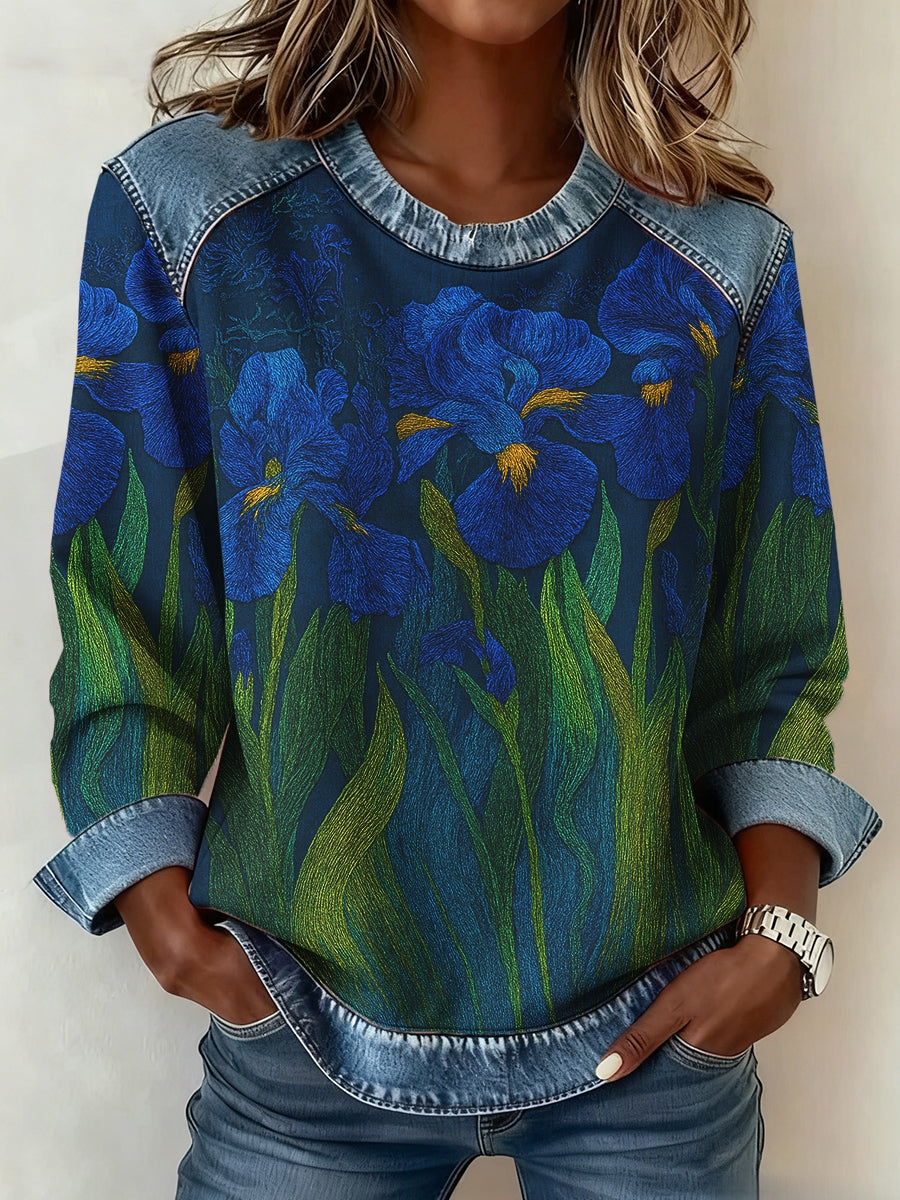 Women's Fleur-de-lis Floral 3D Print Denim Sweatshirt