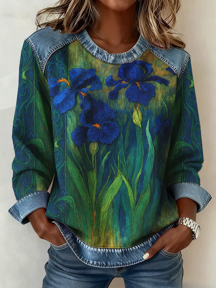Women's Fleur-de-lis Floral 3D Print Denim Sweatshirt