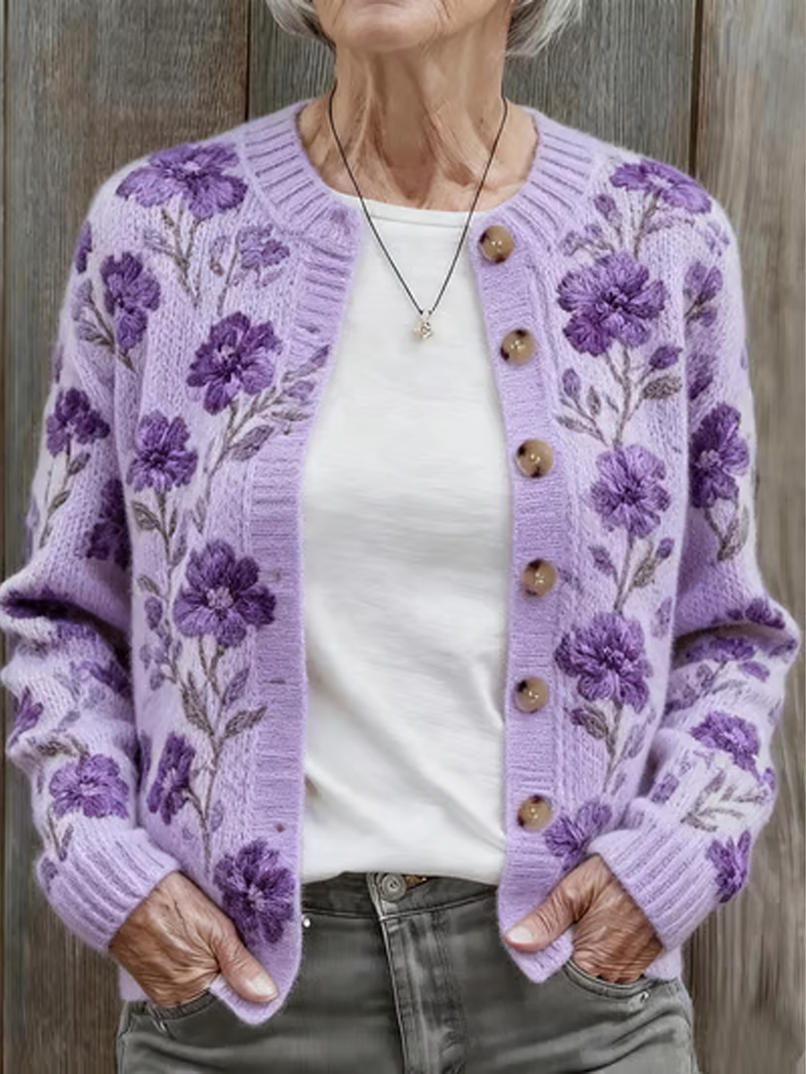 Women's Autumn and Winter Purple Floral Comfortable Warm Sweater Cardigan
