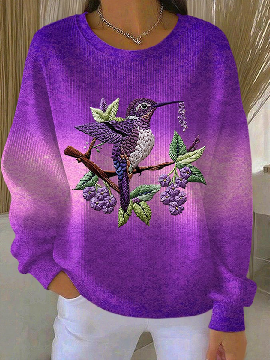 Women's Purple Gradient Hummingbird Floral Print Casual Sweatshirt