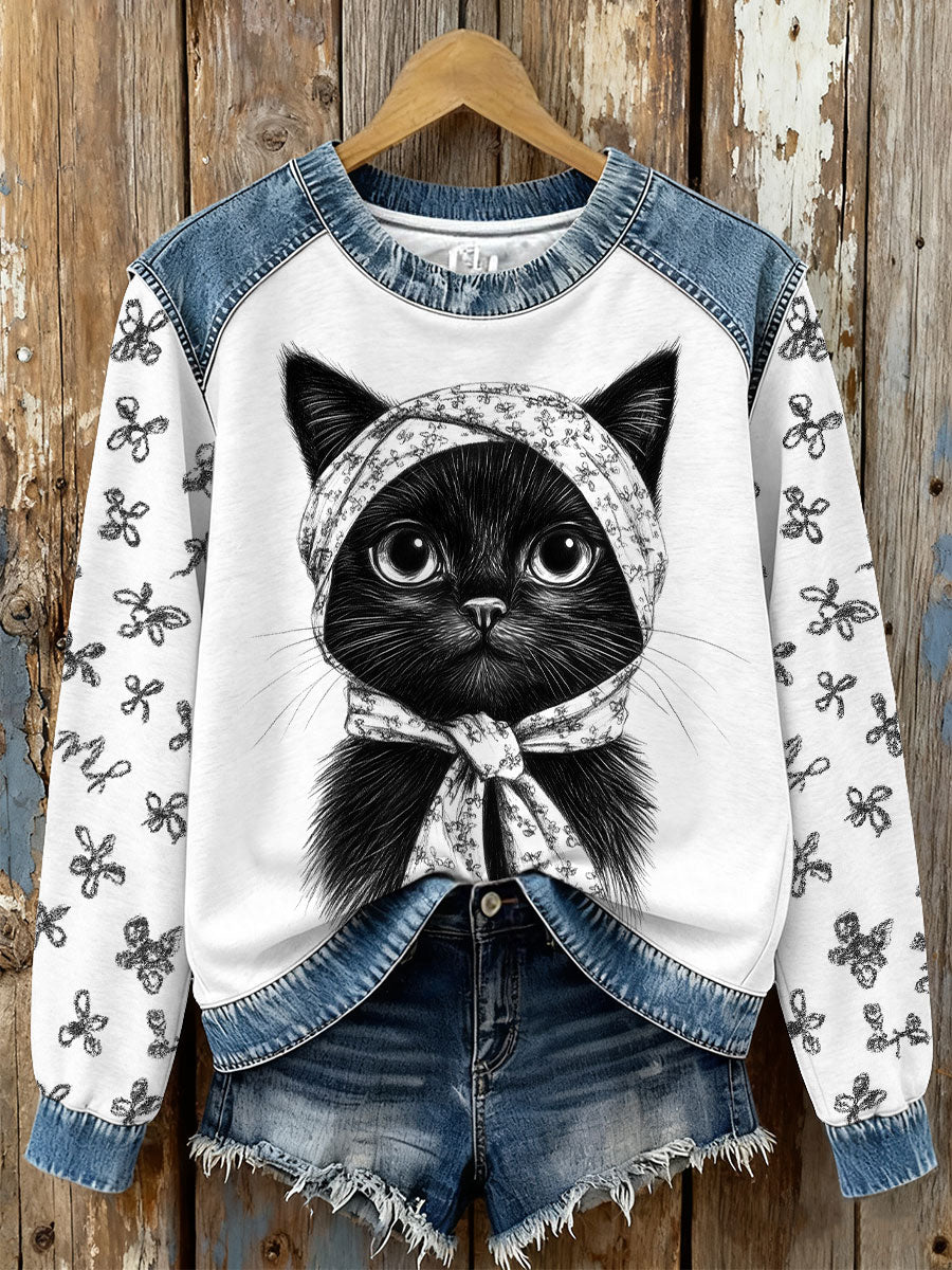 Women's black cat print sweatshirts