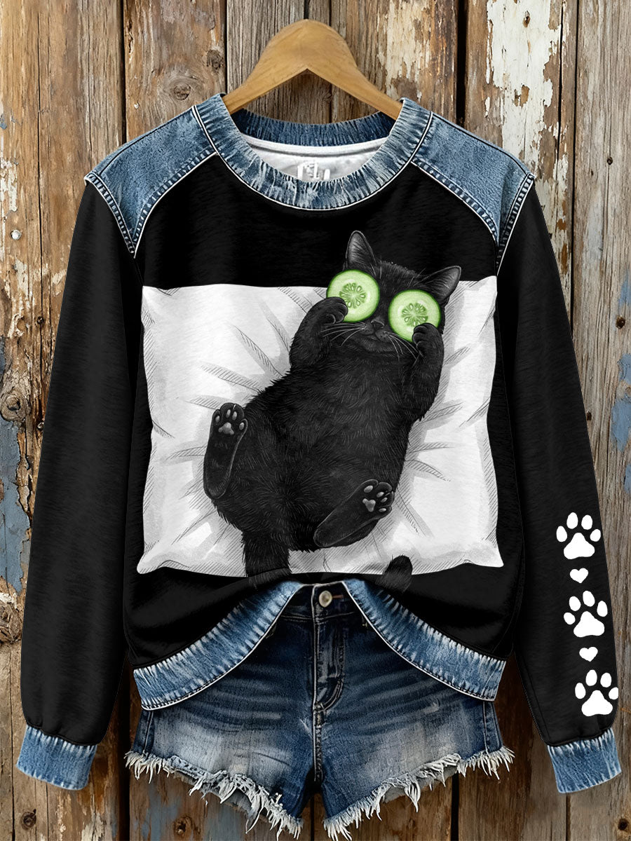 Women's black cat print face mask sweatshirts