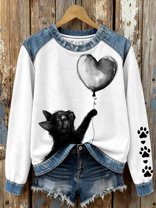 Women's black cat print sweatshirts