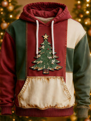 Men's Christmas Tree Art Patchwork Colorblock  Hoodie with Pockets