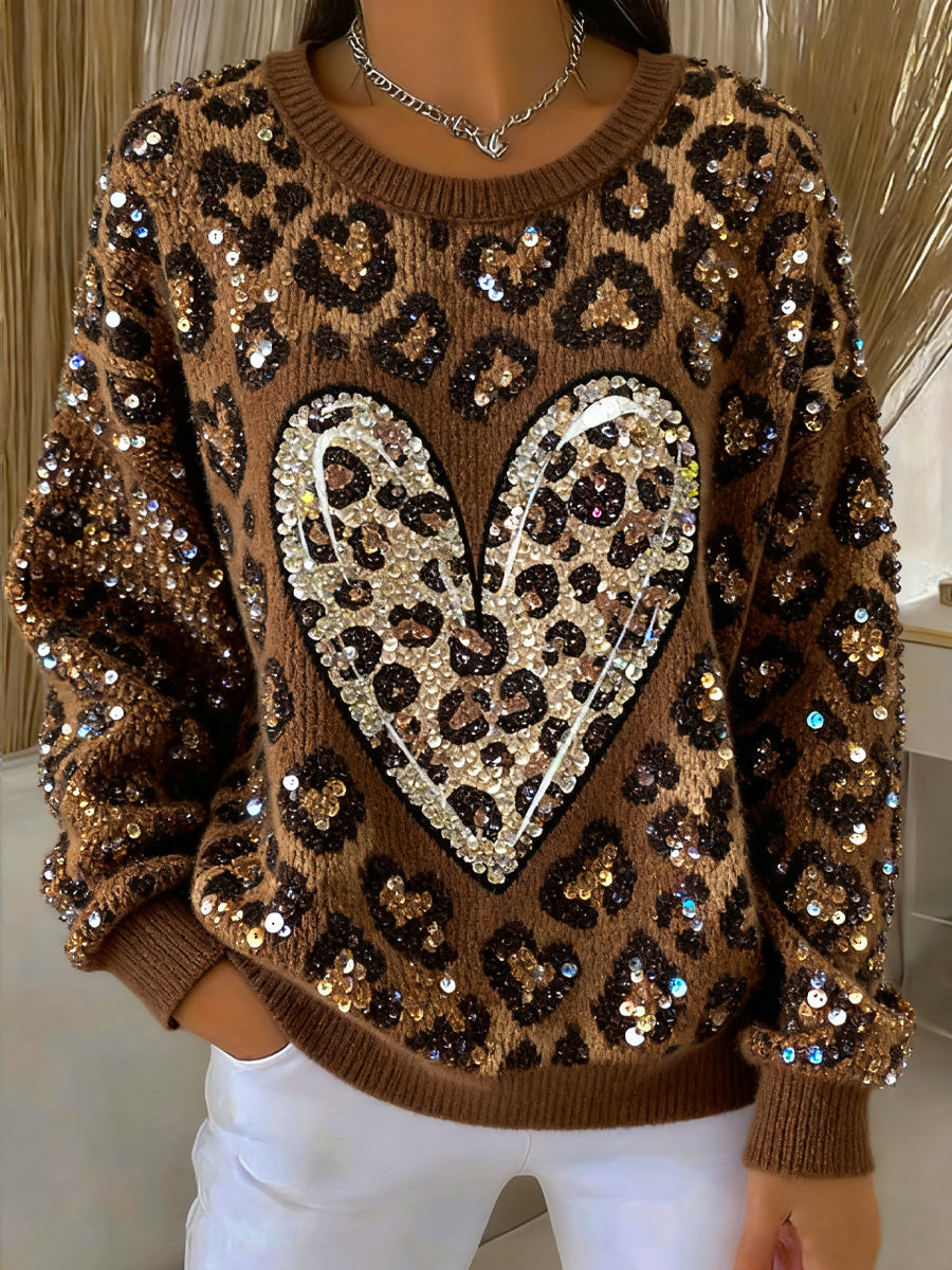 Women's Thanksgiving Leopard Heart Pattern Cozy Sweater
