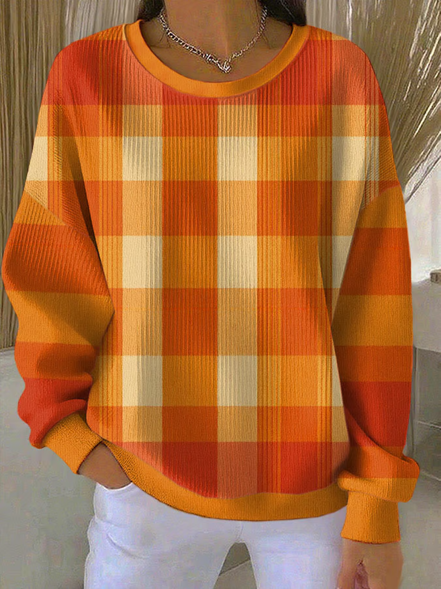 Women's Autumn and Winter Long-Sleeved Ribbed Round-Neck Sweatshirt