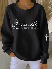 Women'S The Way The Truth The Life Cross Ribbed Round-Neck Sweatshirt
