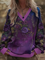 Women's Gradient 3D Floral V-Neck Sweatshirt