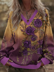 Women's Gradient 3D Floral V-Neck Sweatshirt