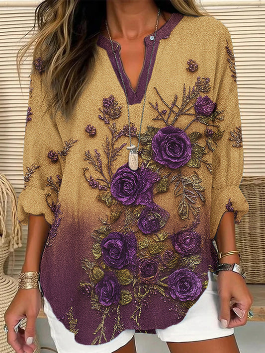 Women's Gradient 3D Plant Floral Cotton and Linen Shirt