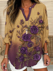 Women's Gradient 3D Plant Floral Cotton and Linen Shirt