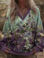 Women's Gradient 3D Floral V-Neck Sweatshirt