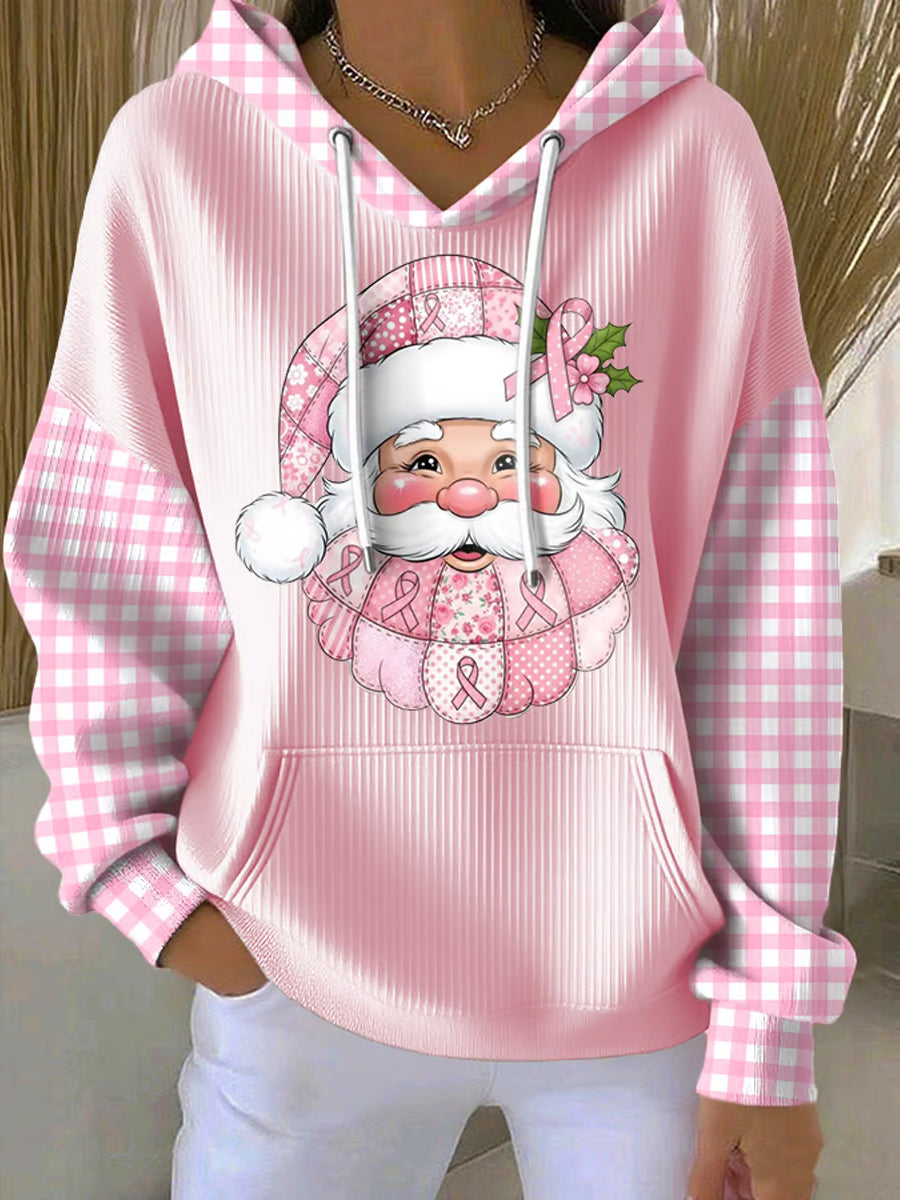 Women's Breast Cancer Awareness Santa Claus Print Hoodie