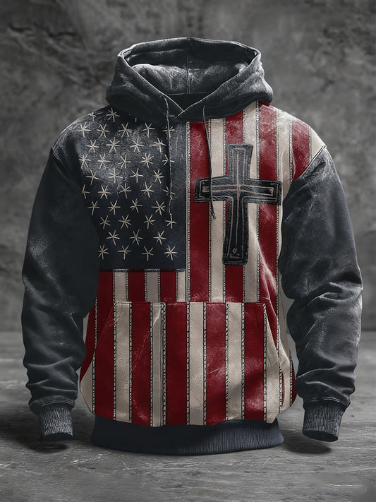 Men's Faith Cross Flag Oversized Drop-Shoulder Hoodie with Pockets
