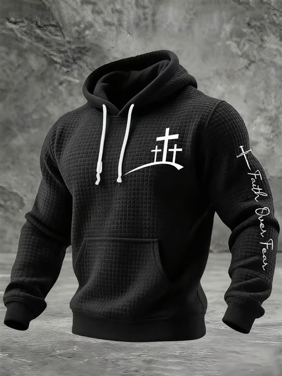 Men's Faith Over Fear Faith Cross  Checkered Cotton Hoodie