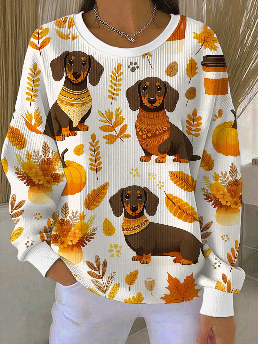 Women's Pumpkin Sausage Dog Ribbed Round-Neck Sweatshirt