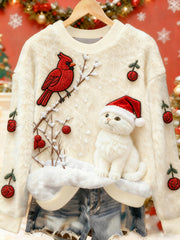 Women's Cute Christmas Cat Art Print Casual Flannel Sweater