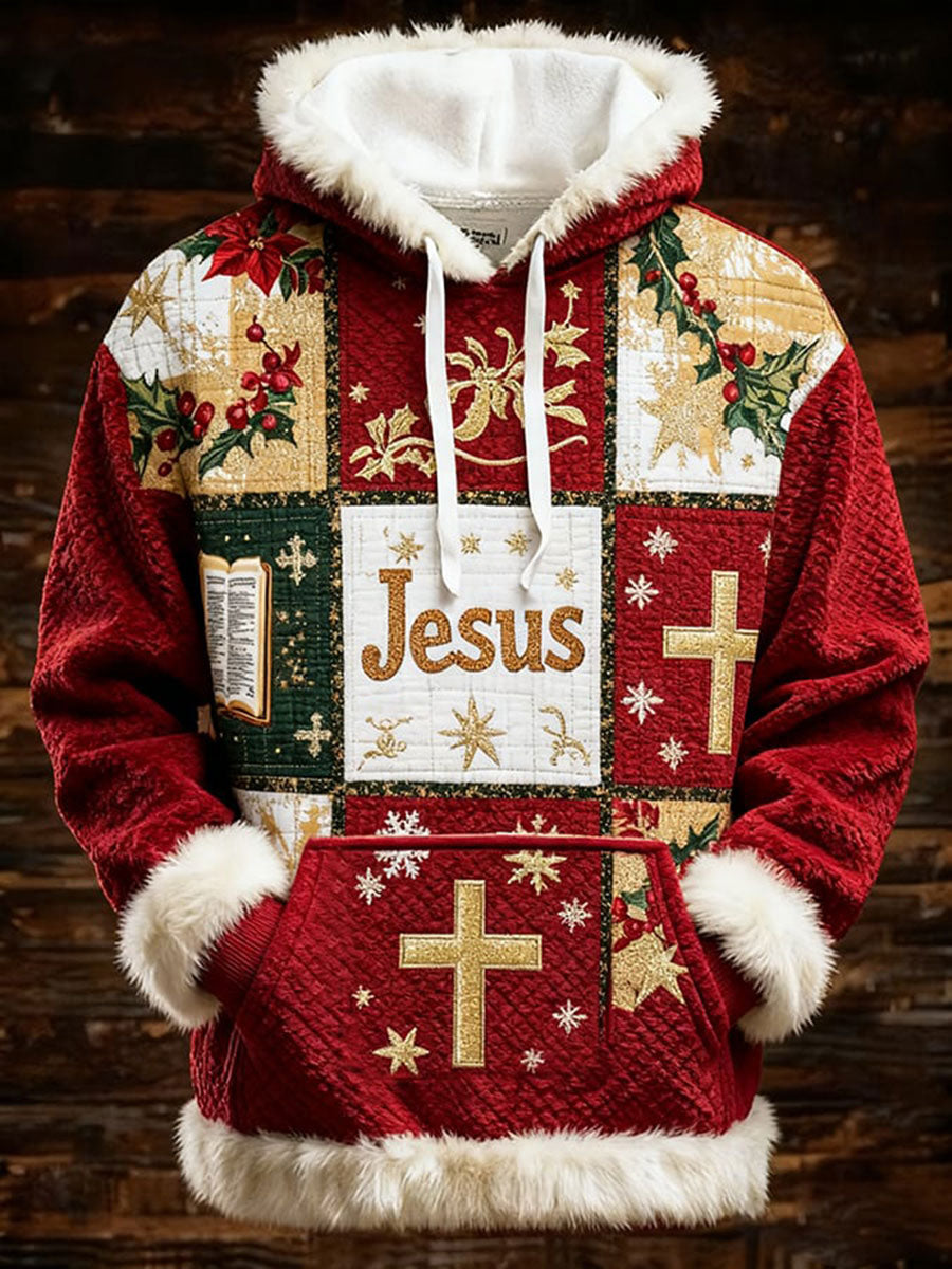 Men's Christmas Cross Print Casual Fur Collar Top