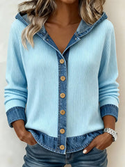 Women's Simple Solid Color Patchwork Design Hooded Cardigan