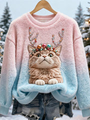 Women's Cute Christmas Cat Art Print Casual Flannel  Hoodie