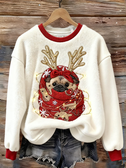 Women's Cute Christmas Dog Art Print Casual Flannel Sweatshirt