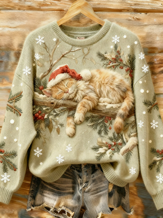 Women's Cute Christmas Sleeping Cat Art Print Casual  Sweatshirt