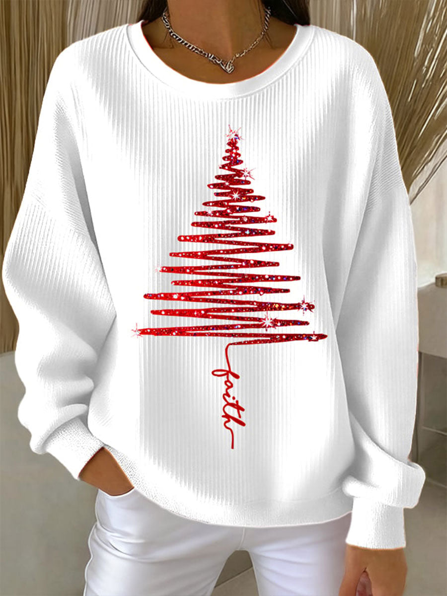 Women's Faith Christmas Tree Ribbed Round-Neck Sweatshirt