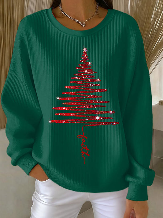 Women's Faith Christmas Tree Ribbed Round-Neck Sweatshirt