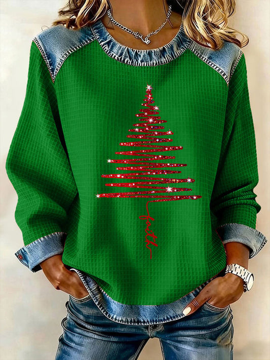 Women's Faith Christmas Tree Denim Patchwork Top