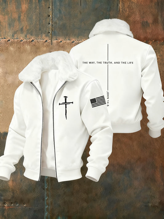 Men's Jesus The Way The Truth The Life Cross   Fur Collar Zip-Up Jacket