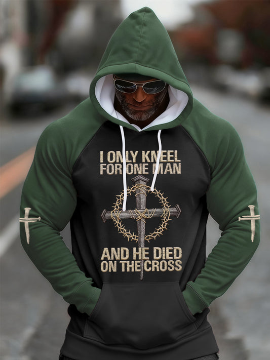 Men's I Only Kneel For One Man Christian Cross Faith Print Casual Hoodie
