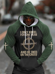 Men's I Only Kneel For One Man Christian Cross Faith Print Casual Hoodie