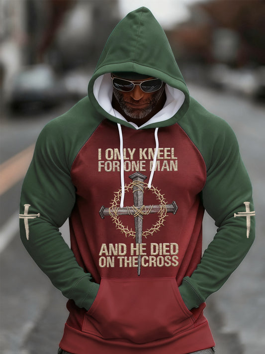 Men's I Only Kneel For One Man Christian Cross Faith Print Casual Hoodie