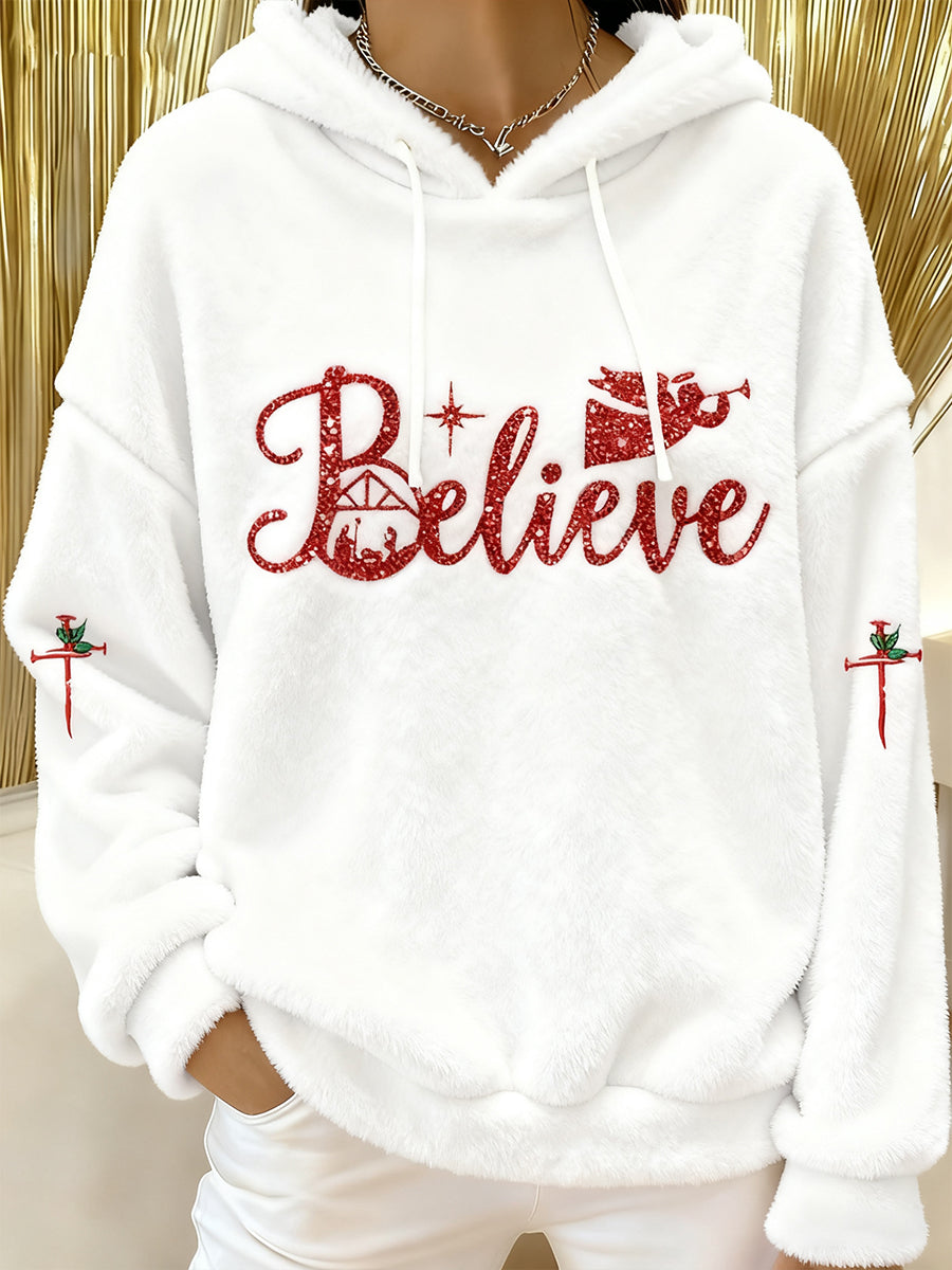 Women's Christmas Believe  Cross Flannel Hoodie