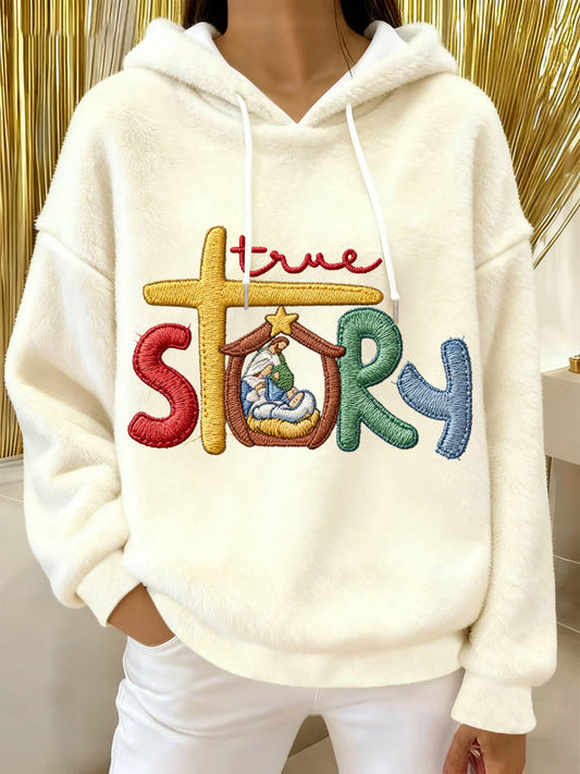 Women's True Story The Greatest Gift Of All Jesus Nativity Christian Christmas Flannel Hoodie