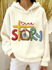 Women's True Story The Greatest Gift Of All Jesus Nativity Christian Christmas Flannel Hoodie