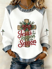Women's Jesus Is The Reason For The Season Cross Denim Patchwork Top