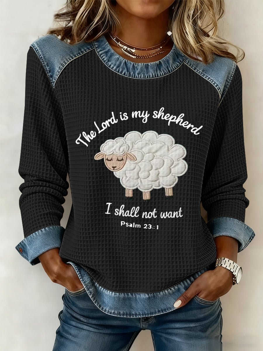 Women's Christian The Lord Is My Shepherd  Denim Patchwork Top