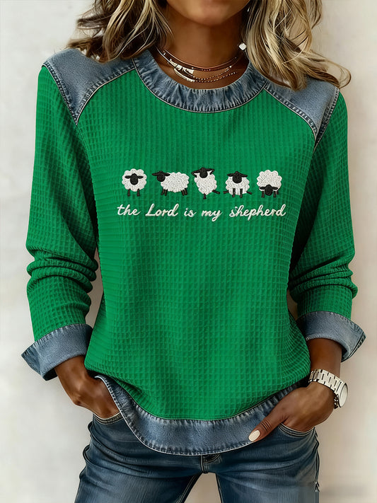 Women's Christian The Lord Is My Shepherd Denim Patchwork Top