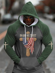 Men's In God We Trust USA Flag Cross Print Casual Hoodie
